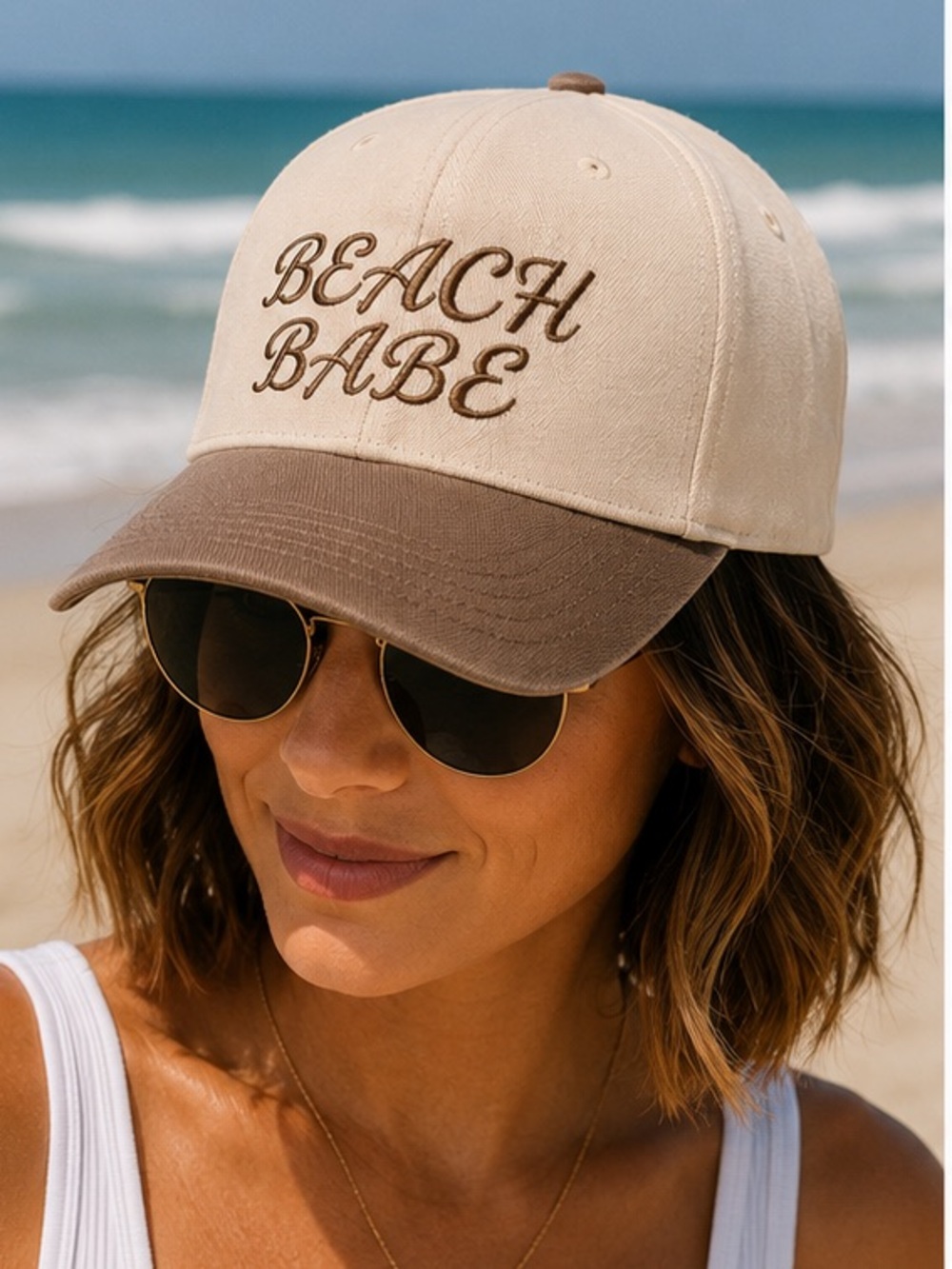 🆕 Beach Babe Ash Mocha Trucker Snapback Hat Embroidered NWT